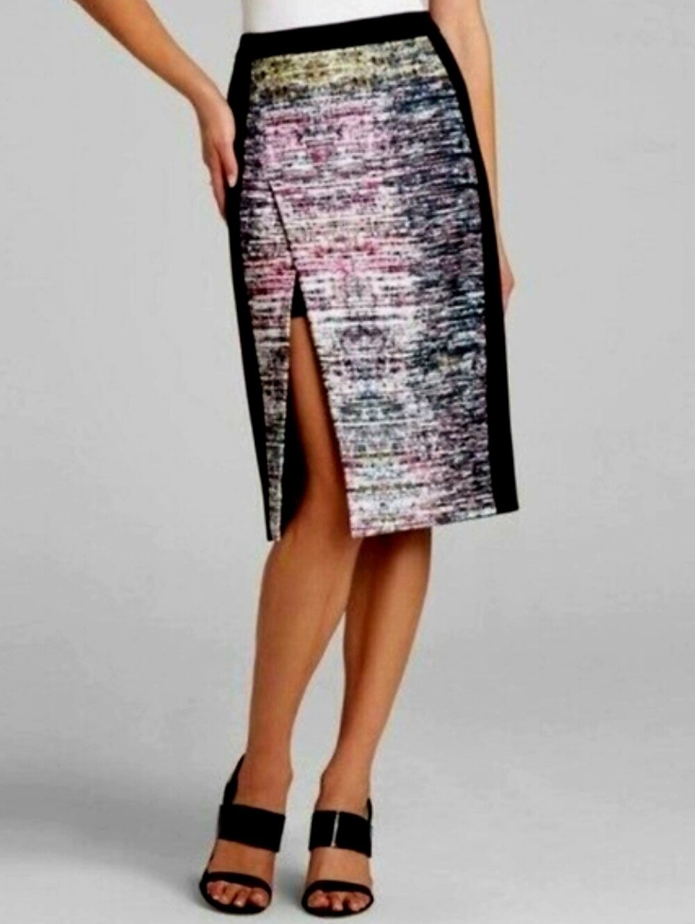 BCBGMaxAzria Multicolor Tweed Pencil Skirt with Black Side Panels